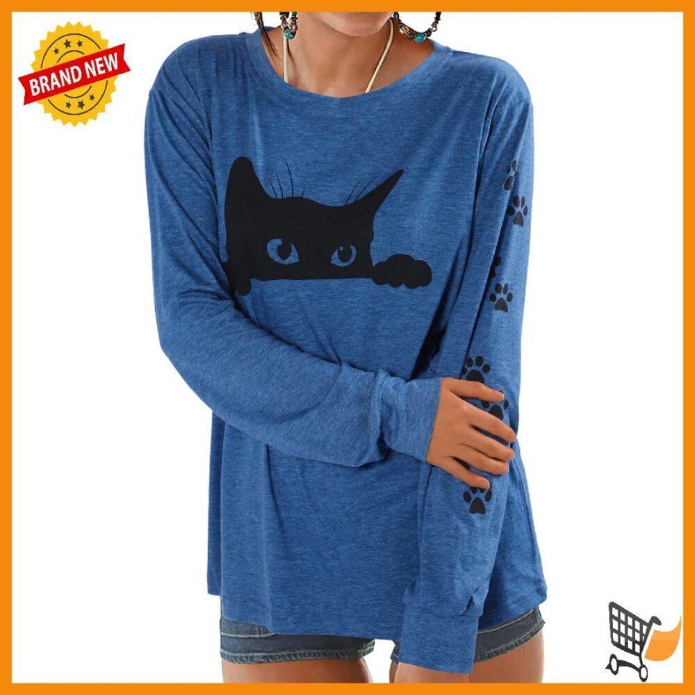 Loose Fit Long Sleeve Graphic Tee Lightweight Cat Print Blouse
